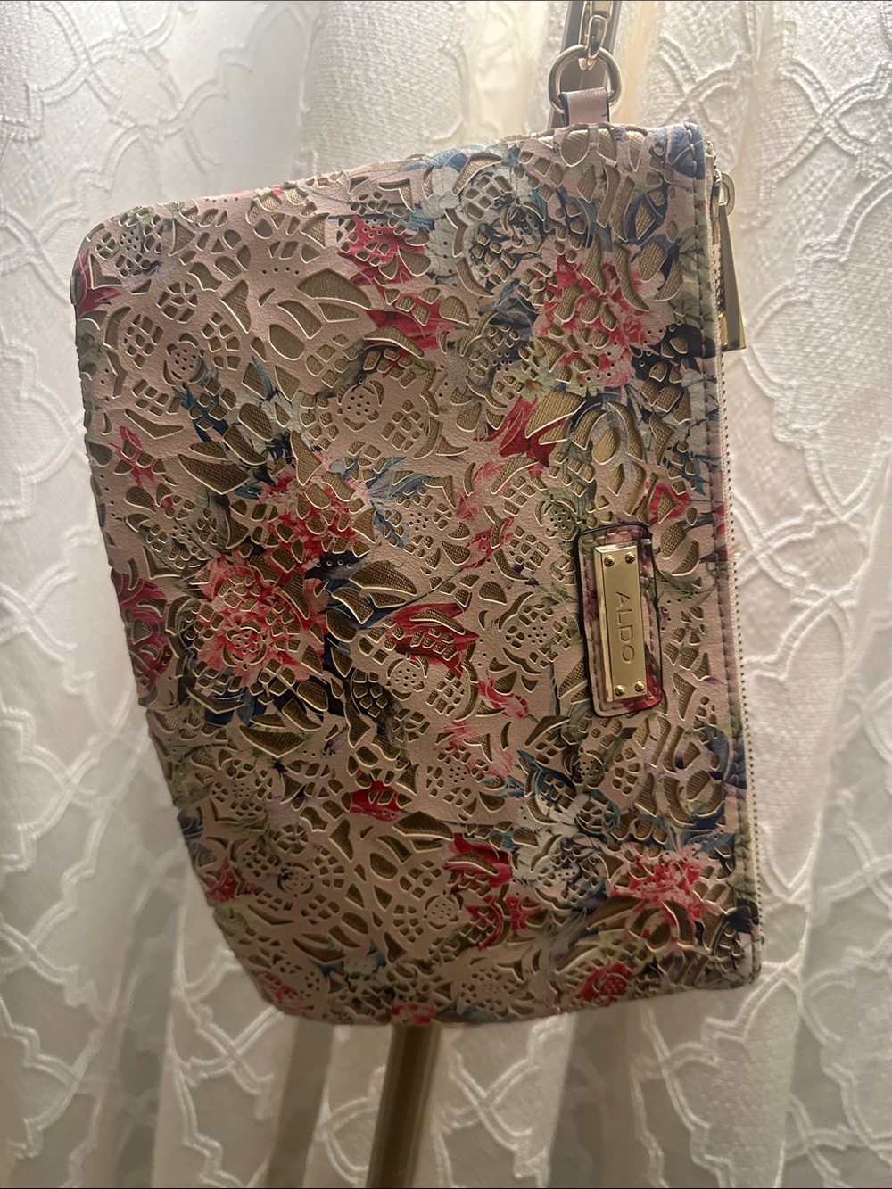 ALDO Pink Floral Laser-Cut Wristlet Clutch
